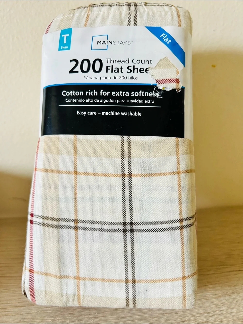 2 Mainstays 200-Thread Count Cotton Flat Sheet – Floral Blue and Plaid Tan Twin
